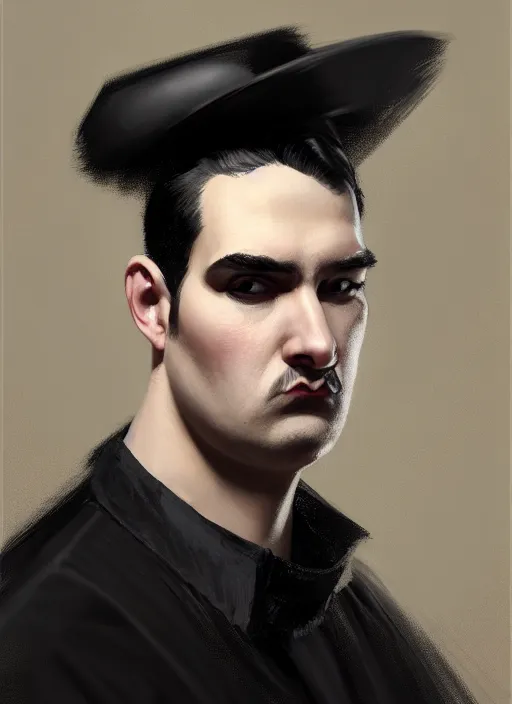 Prompt: portrait of a wide - faced man with a crooked nose and a confident expression, 1 9 6 0 s, black clothes, goth, punk, funk, intricate, elegant, highly detailed, digital painting, artstation, concept art, smooth, sharp focus, illustration, art by wlop, mars ravelo and greg rutkowski