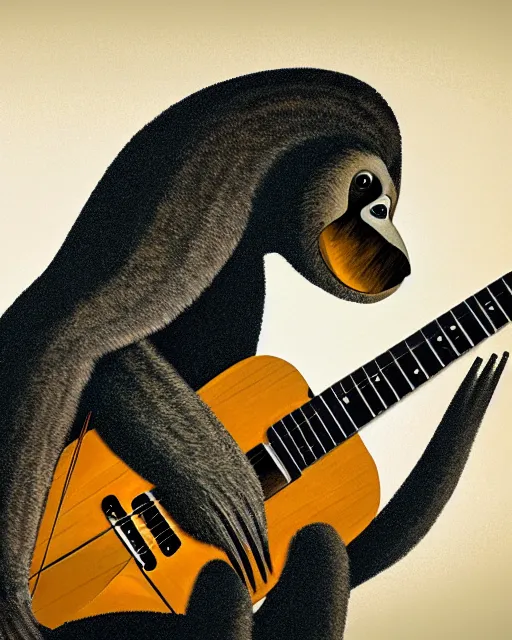 Prompt: realistic bipedal sloth, long airy fur with human face, playing a guitar on rock stage, in the style of laszlo moholy - nagy, archibald thorburn, stylized, ornately detailed, chromatic aberration