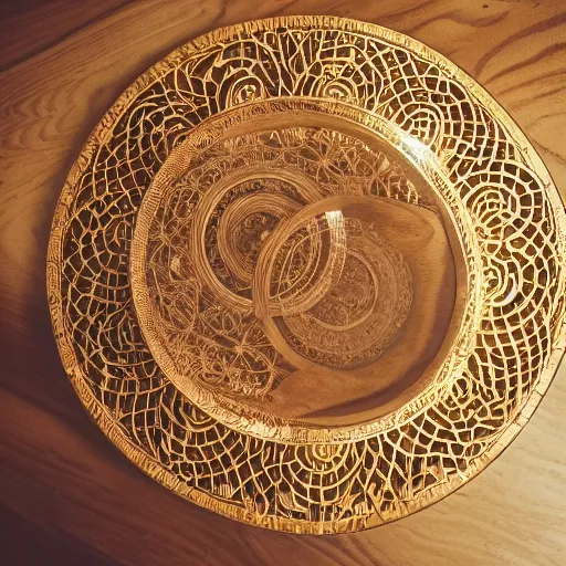 Prompt: a well - lit photo of an intricate gold filigree art nouveau set of concentric spheres on a wooden table, beautiful, detailed, flowing curves