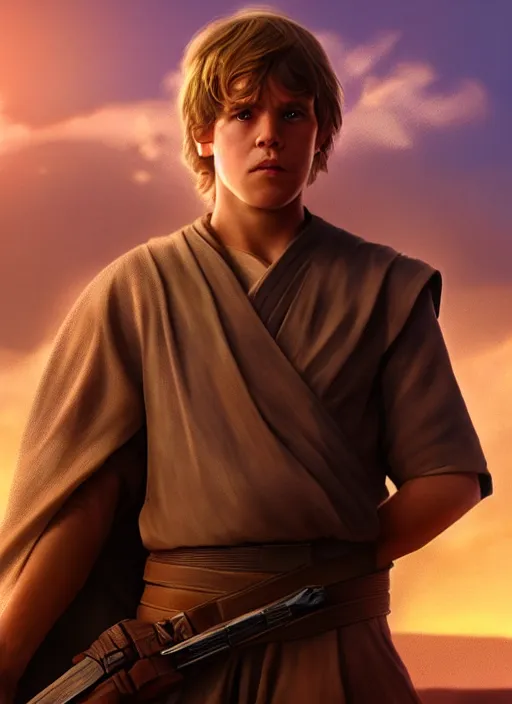 Image similar to portrait of young luke skywalker in a heroic action pose against a tatooine sunset, close up, dramatic lighting, octane render, digital art