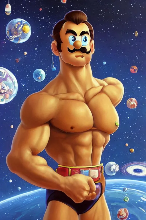 Image similar to gigachad luigi bodybuilder in space by ilya kuvshinov, ernest khalimov body by krista sudmalis, super mario bros symmetrical face concept art, hyper realistic, intricate, elegent, highly detailed, digital painting, concept art, smooth, sharp, focus, illustration, art by artgerm and greg rutkowski and alphonse mucha, artstation