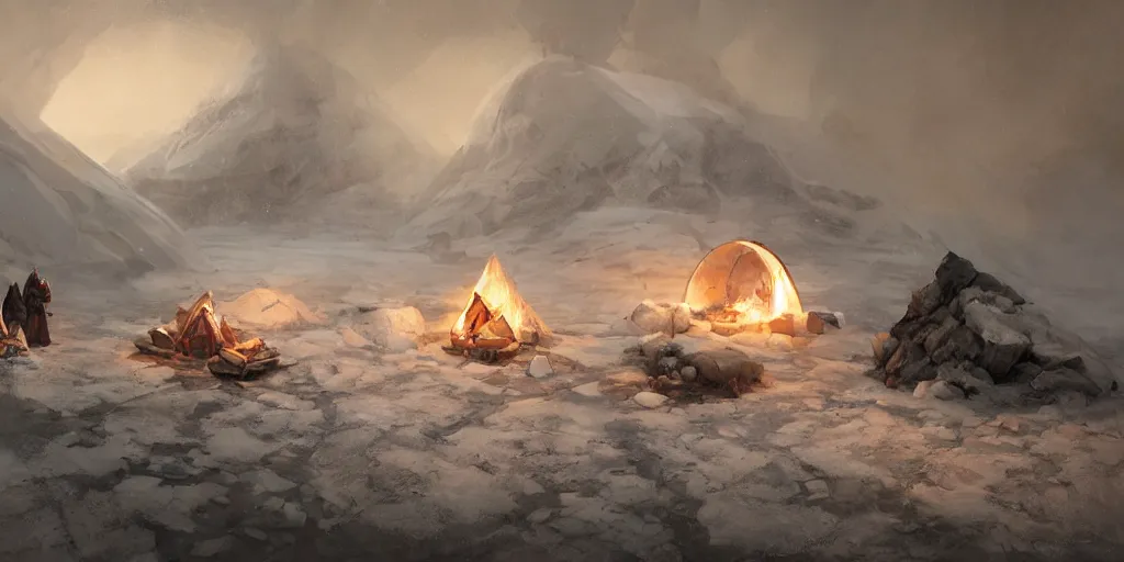 Prompt: an igloo in the tundra, with a campfire near the entrance, mysterious matte painting by ruan jia and craig mullins, trending on artstation