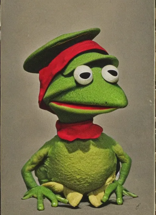 Image similar to grainy 1940’s WWII military portrait of an anthropomorphic frog muppet dressed like a soldier, professional portrait HD, frog, frog head, authentic, Kermit, muppet weird