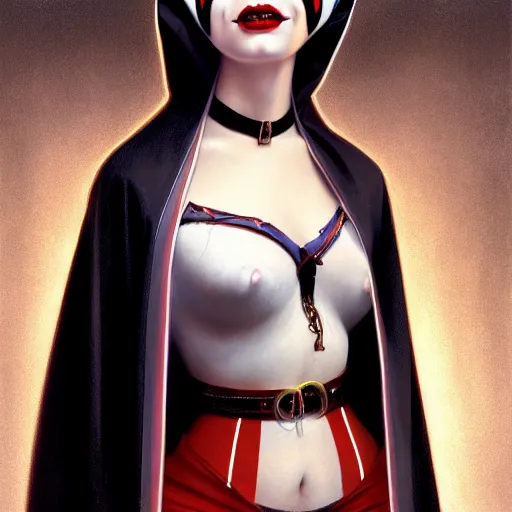 Prompt: Masterpiece Portrait Harley Quinn as a nun, dark fantasy, medium shot, intricate, elegant, highly detailed, digital painting, volumetric light, artstation, concept art, smooth, sharp focus, illustration, art by Gil Elvgren and Greg Rutkowski and Alphonse Mucha