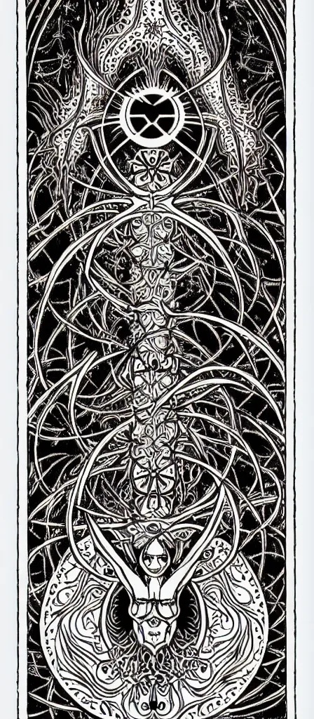 Image similar to a beautiful fractal tarot card featuring bold occult imagery with clean lines. skullpunk demon. dimension. haeckel fish. detailed adult coloring book