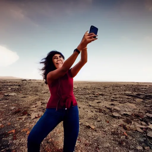 Prompt: woman takes a selfie during the end of the world