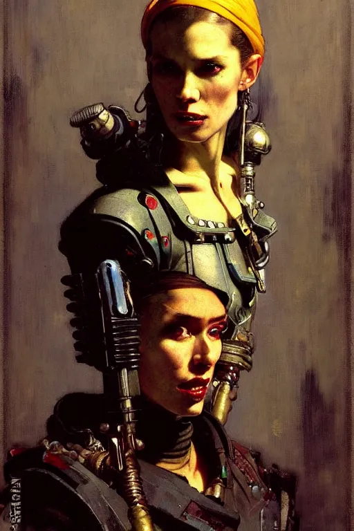 Image similar to full character portrait max mad cyberpunk warhammer 4 0 k, medic sapper not the girl with the pearl earring character design, painting by gaston bussiere, katsuya terada, nc wyeth, greg rutkowski, craig mullins, vermeer, frank frazetta, mucha, tom of finland, trending on artstation, by norman rockwell