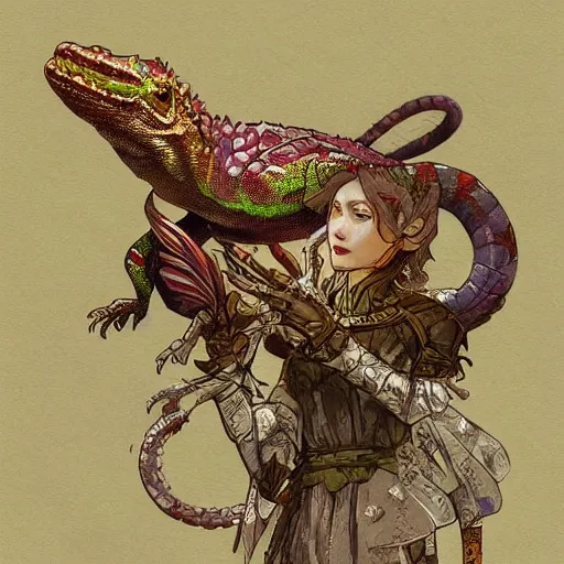 Image similar to A heraldic queen lizard with big cute eyes and a raised claw, flowers around, D&D, fantasy, intricate, cinematic lighting, highly detailed, digital painting, artstation, concept art, smooth, sharp focus, illustration, art by Akihiko Yoshida, Greg Rutkowski and Alphonse Mucha