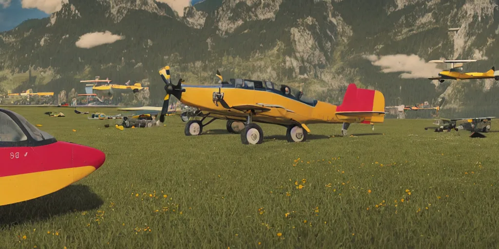 Image similar to a ultra photorealistic and sharp film still of an a sunny and colourful airfield in 1 9 1 6 in the middle of the bavarian alps, germany. parking and flying airplanes, wide shot, frog perspective, wes anderson, studio ghibli, pixar and disney animation, octane render, anime key art by greg rutkowski, dramatic lighting, award winning photography