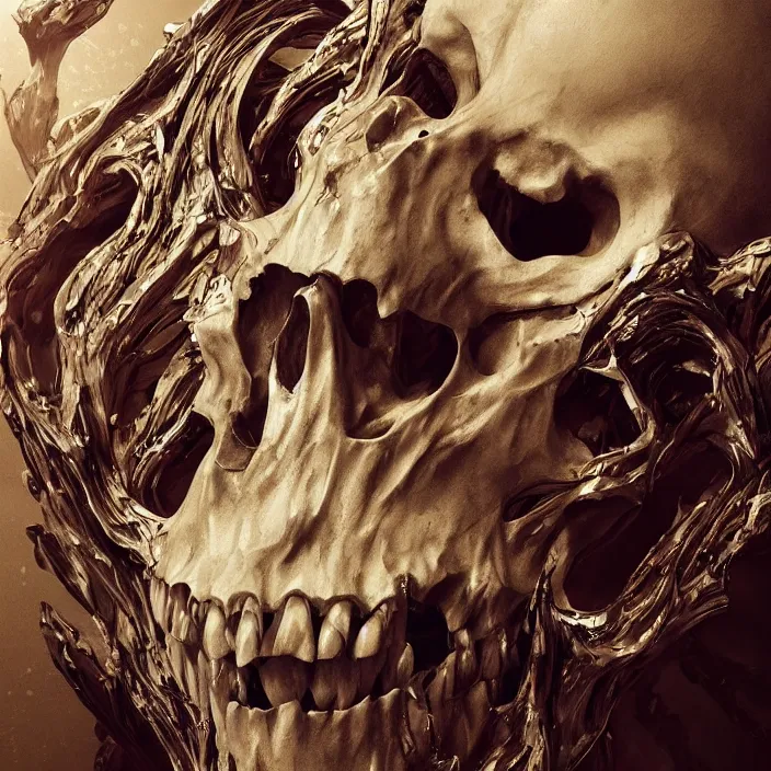 Image similar to portrait of a melting skull. razor sharp teeth. intricate abstract. intricate artwork. by Tooth Wu, wlop, beeple, dan mumford. octane render, trending on artstation, greg rutkowski very coherent symmetrical artwork. cinematic, hyper realism, high detail, octane render, 8k, depth of field, bokeh. iridescent accents