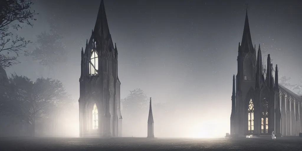 Image similar to Behind the tall and delicate gothic church at night, a huge delicate metal astrolabe in the moonlight, with ghosts floating in the foreground, light through the mist, dramatic lighting, photorealistic, cinematic lighting, high detail, cinematic feel, high octane, 4K, Unreal Engine, digital render, intricate, ultra realistic