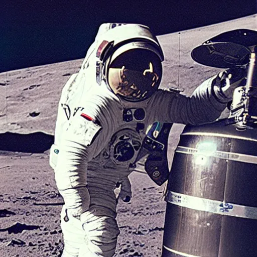 Prompt: an astronaut using a vintage camera taking a photo of a beer keg