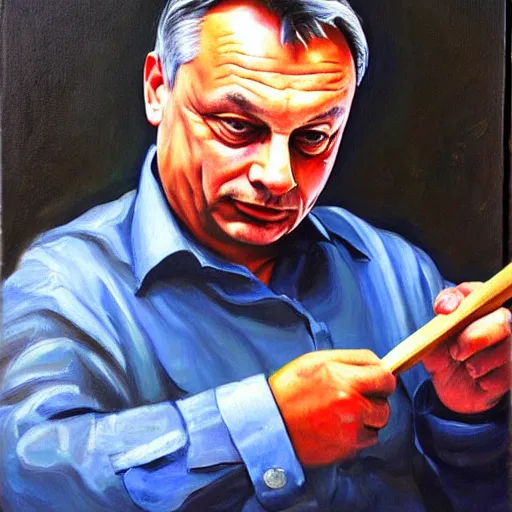 Image similar to viktor orban whittling, oil painting