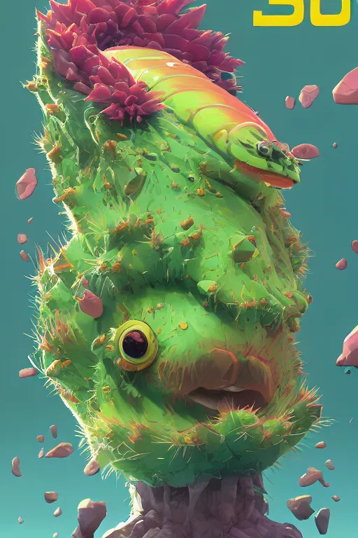 Image similar to 3 d render creature animal sushi cristal very big eye roots cactus elemental flush of force nature micro world fluo fishscale, comics gta 5 cover, official fanart behance hd artstation by jesper ejsing, by rhads, makoto shinkai and lois van baarle, ilya kuvshinov, ossdraws