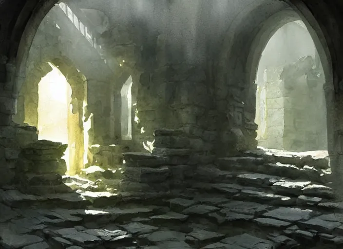 Image similar to watercolor painting of dark ruin cellar, stone walls, lantern, very beautiful ambient lighting, sun rays, dust, art by anders zorn, wonderful masterpiece by greg rutkowski, cinematic light, american romanticism by greg manchess, creation by tyler edlin