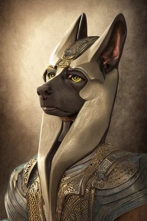 Image similar to highly detailed matte portrait of anubis in the duat, cgi, glistening, specular highlights, intricate detail, digital painting, zbrush