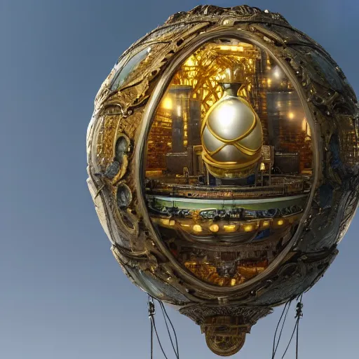 Image similar to enormous flying city in a faberge egg, sky, steampunk, fantasy art, masterpiece, octane render