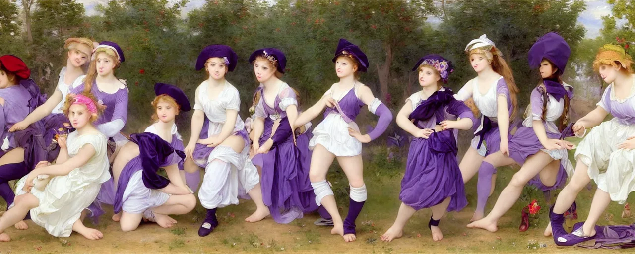 Image similar to A character sheet of full body cute magical girls with short blond hair wearing an oversized purple Beret, Baggy Purple overall shorts, Short Puffy pants made of silk, pointy jester shoes, a big billowy scarf, Golden Ribbon, and white leggings Covered in stars. Short Hair. Sunlit. Haute Couture. Art by william-adolphe bouguereau and Paul Delaroche and Alexandre Cabanel and Lawrence Alma-Tadema and Johannes Helgeson. Smooth. Elegant. Highly Detailed. Intricate. 4K. UHD. Denoise.