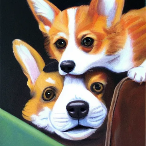 Image similar to corgi and cat fixing the website, oil painting