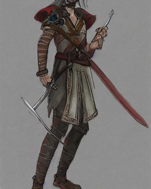 Image similar to a concept art of a D&D character, holding a sword made by Donutello