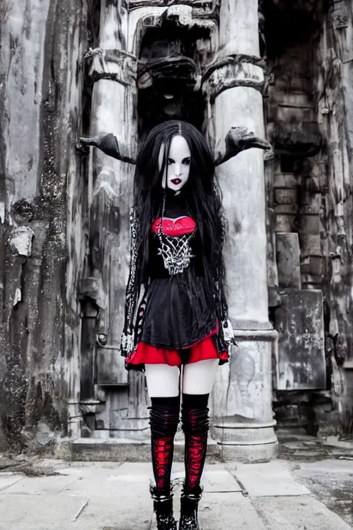 Prompt: cute black-and-red haired goth girl, cute goth look and clothes, chrome hearts, hyper-maximalist, highly-detailed and intricate, trending on r/streetwear, outfit photo, we see them from head to toe