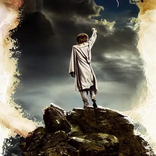 Image similar to Harry potter upright and levitating, back view, thunderclouds, cinematic shot, epic scale, waving robe, wand, photorealistic detail and quality, extremely intricate stone quality, movie still, nighttime, crescent moon, sharp and clear, action shot, intense scene, visually coherent, symmetry, rule of thirds, movement, vivid colors, cool colors transitioning to warm colors, award winning, directed by Steven Spielberg, Christopher Nolan, Tooth Wu, Asher Duran, Greg Rutkowski