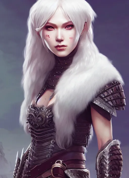 Image similar to barbarian, fur leather armor!!! beautiful and elegant white hair female!! gorgeous ayes!! character concept art, sharp focus, octane render! unreal engine 5! highly rendered!! trending on artstation!! detailed linework!! illustration by artgerm, wlop, and chie yoshii