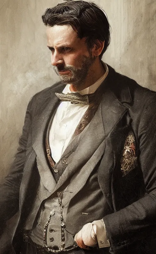 Prompt: official portrait of a victorian politician wearing a waistcoat, detailed face, male, victorian, highly detailed, cinematic lighting, digital art painting by greg rutkowski