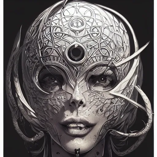 Image similar to vantablack occultist, pitchblack mask, beautiful, detailed symmetrical close - up portrait, intricate complexity, in the style of artgerm and peter mohrbacher, cel - shaded