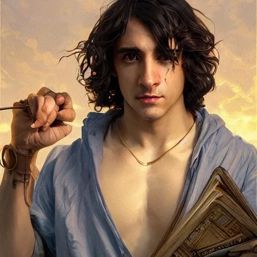 Image similar to painting ricardo milos as prisoner of azkaban. cheerful. happy. art by artgerm and greg rutkowski and alphonse mucha. during golden hour. extremely detailed. beautiful. 4 k. award winning.