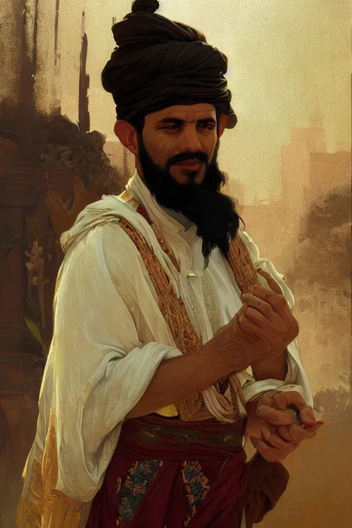 Prompt: A full portrait of an ancient Arabian spice merchant intricate, elegant, highly detailed, digital painting, artstation, concept art, smooth, sharp focus, illustration, art by Krenz Cushart and Artem Demura and alphonse mucha