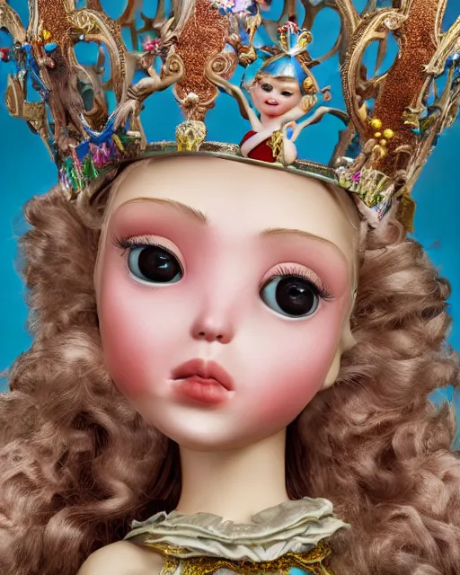 Prompt: closeup face profile portrait of a tin toy fairytale princess wearing a crown eating cakes in the castle, bikini, depth of field, zeiss lens, detailed, symmetrical, centered, fashion photoshoot, by nicoletta ceccoli, mark ryden, lostfish, breathtaking, 8 k resolution, extremely detailed, beautiful, establishing shot, artistic, hyperrealistic, octane render