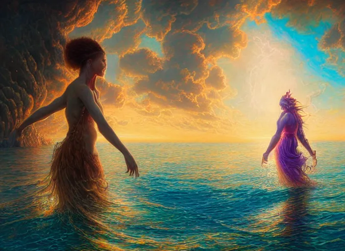 Prompt: beautiful glowing woman walking over the ocean, a giant ark swimming behind her, extremly detailed digital painting, vibrant colors, in the style of donato giancola and tomasz alen kopera and fenghua zhong and peter mohrbacher, mystical colors, rim light, beautiful lighting, 8 k, stunning scene, raytracing, octane, trending on artstation