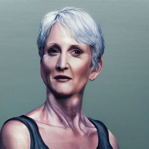Image similar to woman in her 6 0 s with close cropped hair. lori petty. running on a treadmill. side on. realistic concept art painting. cinematic lighting. dark and moody. scifi