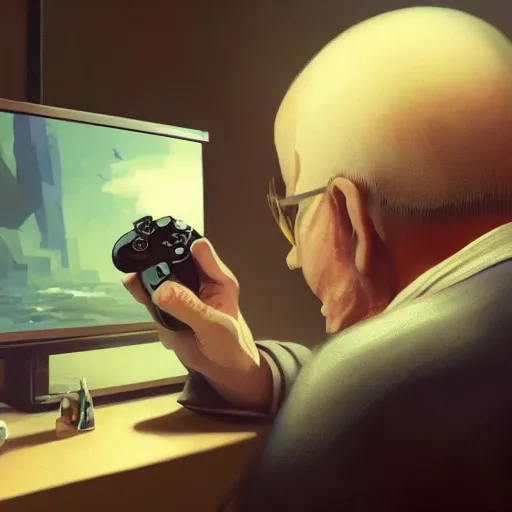 Image similar to An old man playing video games, holding a controller. By ilya kuvshinov, krenz cushart, Greg Rutkowski, trending on artstation. Sharp highlights, amazing textured brush strokes, accurate shape, cinematic soft, 8k, VFX, HDR, dramatic lighting, psychedelic colouring