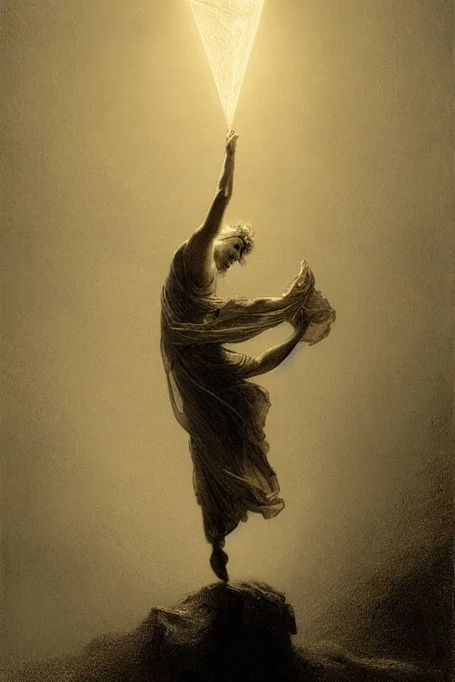 Prompt: dancer in the wind by gustave dore and greg rutkowski, light cone, reimagined by industrial light and magic