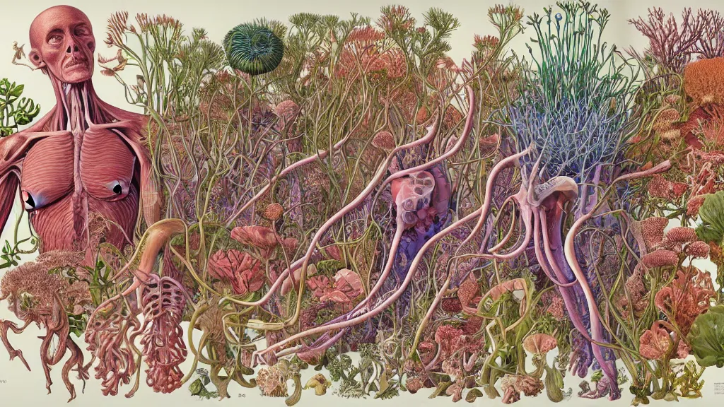 Image similar to highly detailed illustration human anatomy with all the known species of plants, flowers, corals, mushrooms and jellyfish by juan gatti, by moebius!, by oliver vernon