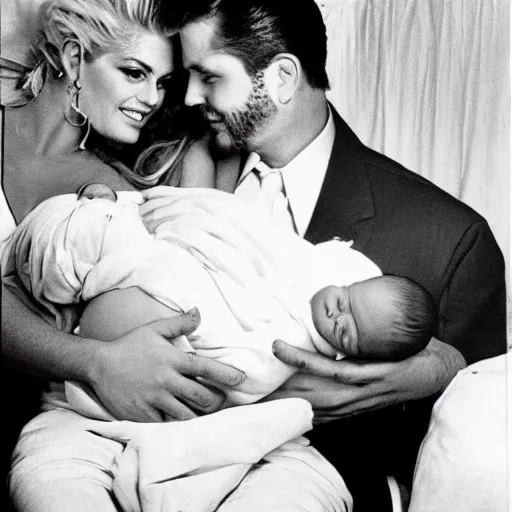 Prompt: anna nicole smith in a hospital bed holding her newborn girl with daniel wayne smith by her side