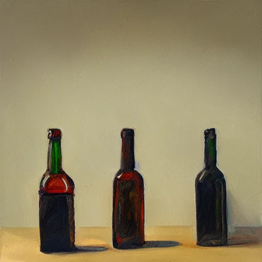 Prompt: a room with four bottles on the floor and a painting of three bottles hanging on the wall, trending on artstation, intricately ordinated oil painting