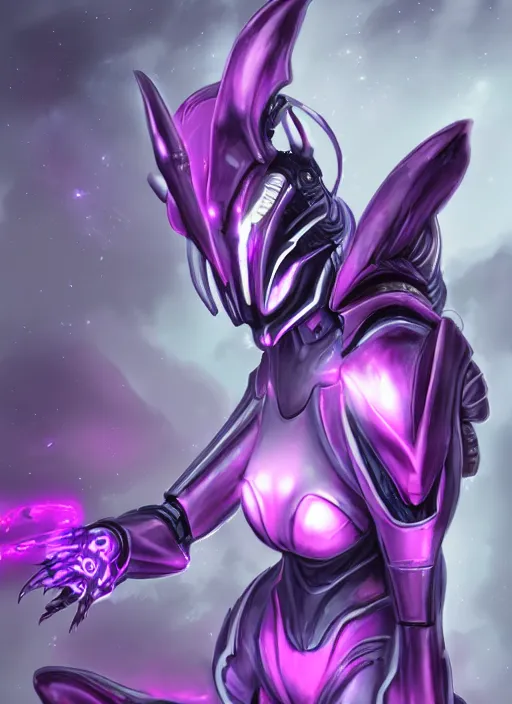 Prompt: cinematic goddess body shot, cosmic size beautiful stunning hot anthropomorphic robot mecha female dragon, sleek dragon head, metal ears, led purple eyes, smooth fuschia skin, smooth silver armor, in space, epic proportions, macro, epic size, epic scale, furry art, dragon art, giantess art, warframe fanart, furaffinity, octane