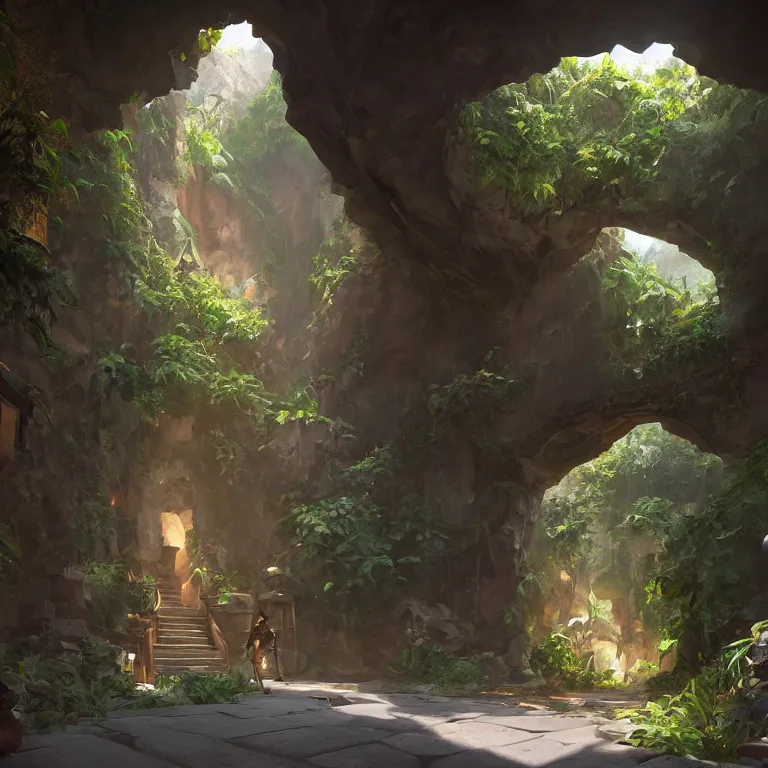 Image similar to secret overwatch hallway for living quarters carved inside a cave surrounding a lush garden, trimmed, magical, natural light, clean lines, cozy, fantasy, minimalist architecture, sharp focus, concept art, by greg rutkowski and craig mullins,, octane render 8 k