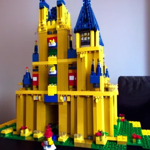 Image similar to a huge yellow castle made out of lego, 90,