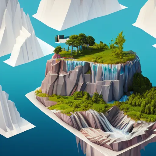 Image similar to manhattan on a floating island in the sky, waterfalls falling down, low poly art, isometric art, 3d render, ray tracing, high detail, artstation, concept art, behance, smooth, sharp focus, ethereal lighting