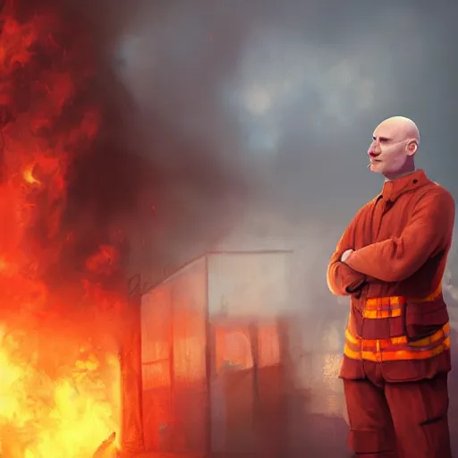 Image similar to an artstation trending portrait painting of a bald english man standing in front of a building on fire, octane render