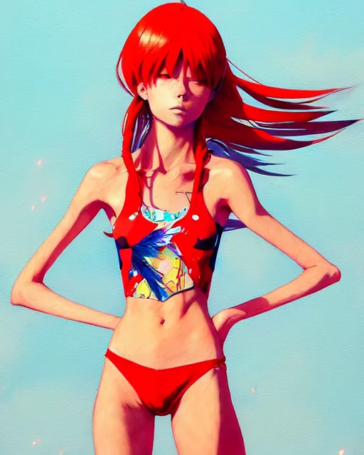 Image similar to a ultradetailed painting of a asuka langley, she is wearing a tank top by conrad roset, greg rutkowski and makoto shinkai trending on artstation