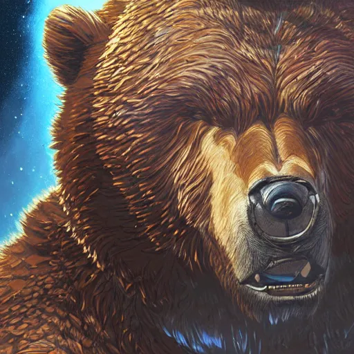 Image similar to detailed science - fiction character portrait of a grizzly bear shooting a machine gun in space, intricate, wild, highly detailed, digital painting, artstation, concept art, smooth, sharp focus, illustration, art by artgerm and greg rutkowski and alphonse mucha