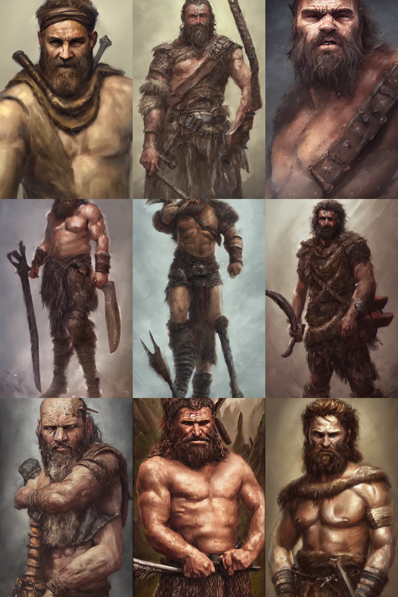 Prompt: a full body fantasy portrait oil painting illustration of a single rugged stoic barbarian man by Justin Sweet with face and body clearly visible, d&d, rpg, forgotten realms, artstation trending, high quality, sombre mood, artstation trending, muted colours,