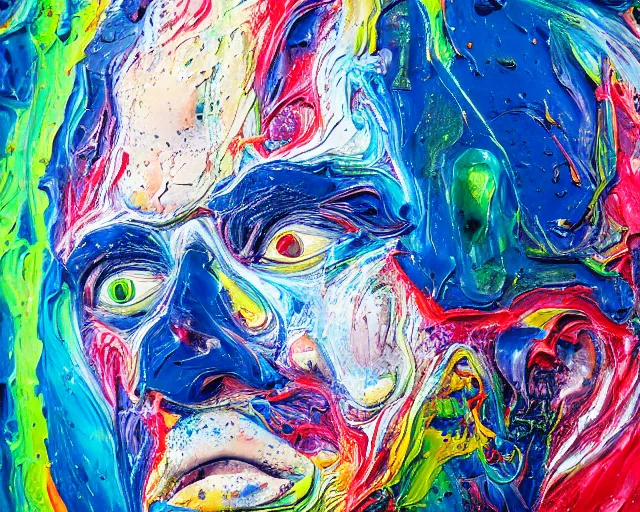 Image similar to abstract expressionist portrait of a head showing strong negative emotions painted with very thick impasto paint and acrylic pour and coloured powder explosion and splashing paint and dripping paint and flying paint chunks, motion blur, hyperrealistic, intricate art photography, anatomically correct, realistic crisp textures, 1 6 k