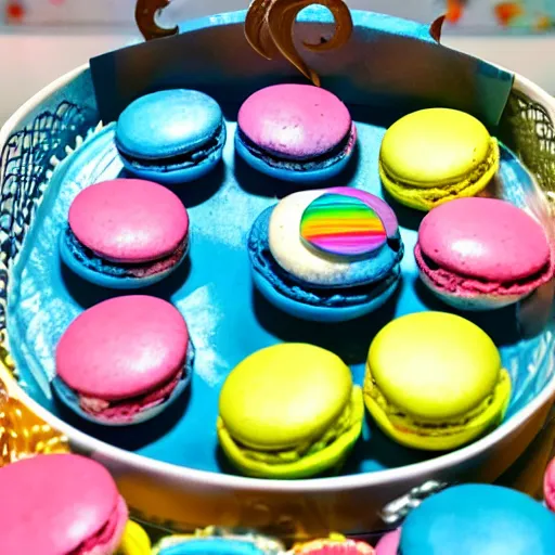 Image similar to a photo blue jay bird standing on a basket of rainbow macaron desserts.