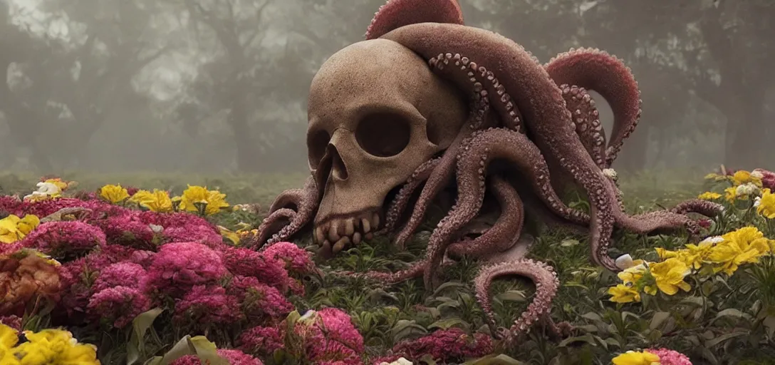 Prompt: an octopus in the shape of a skull surrounded by flowers at noon, foggy, cinematic shot, warm colors, photo still from movie by denis villeneuve, wayne barlowe